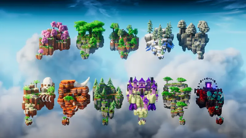 33 Skyblock Island, a row of themed skyblock islands