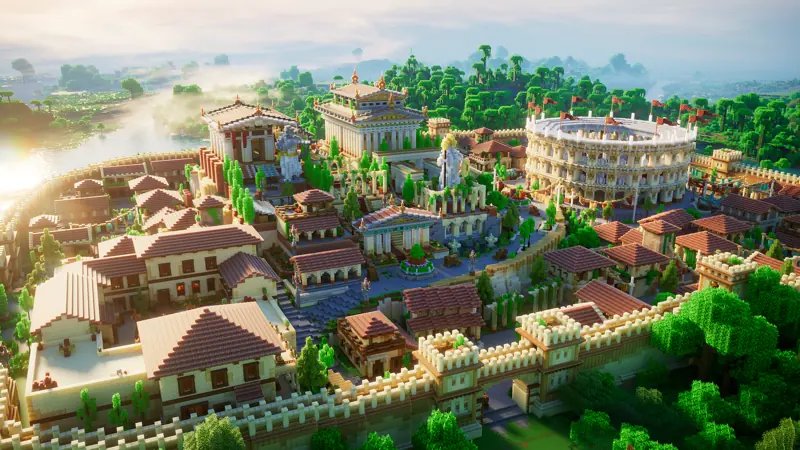 Aethelgard Sanctuary, a walled town with terracotta roofs and a colosseum