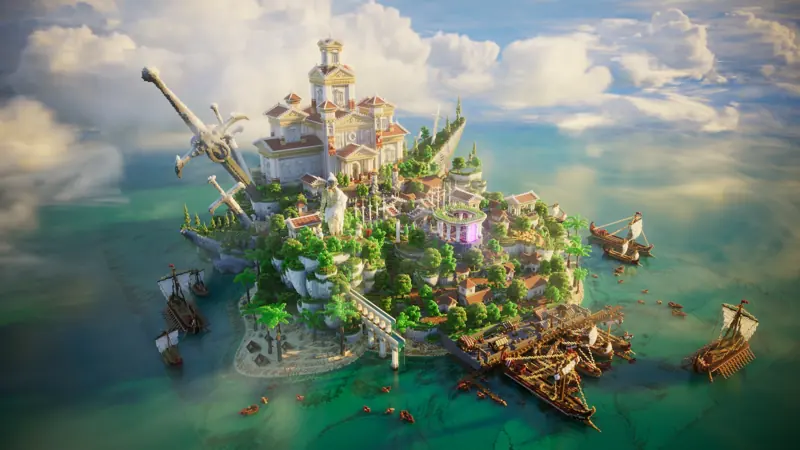 Elysium Ascent, a Greek temple island with olive groves and moored ships