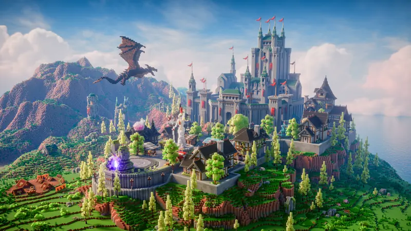 Lateria Kingdom, a castle in the mountains with a dragon overhead