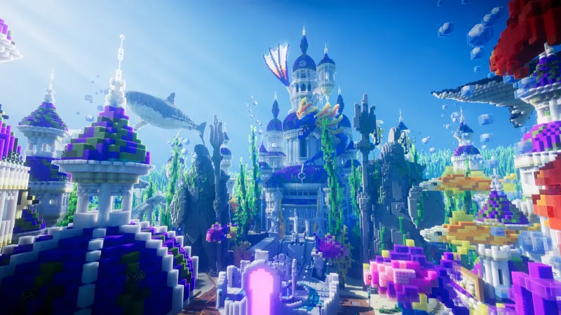 Prismatic Royalty, a glowing underwater palace with whales and coral towers