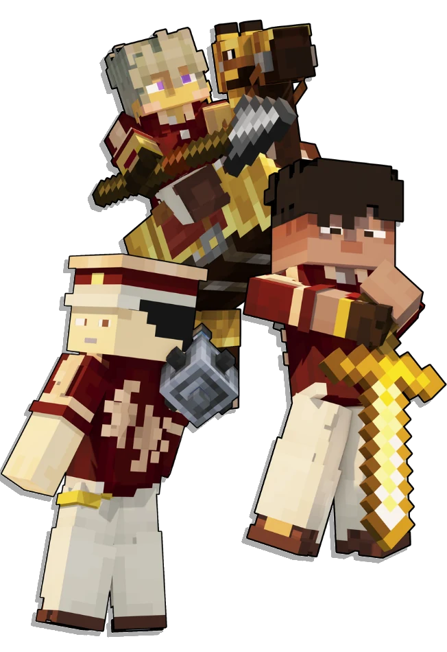 Three HyperCreations team characters in maroon and gold outfits, one holding a golden sword